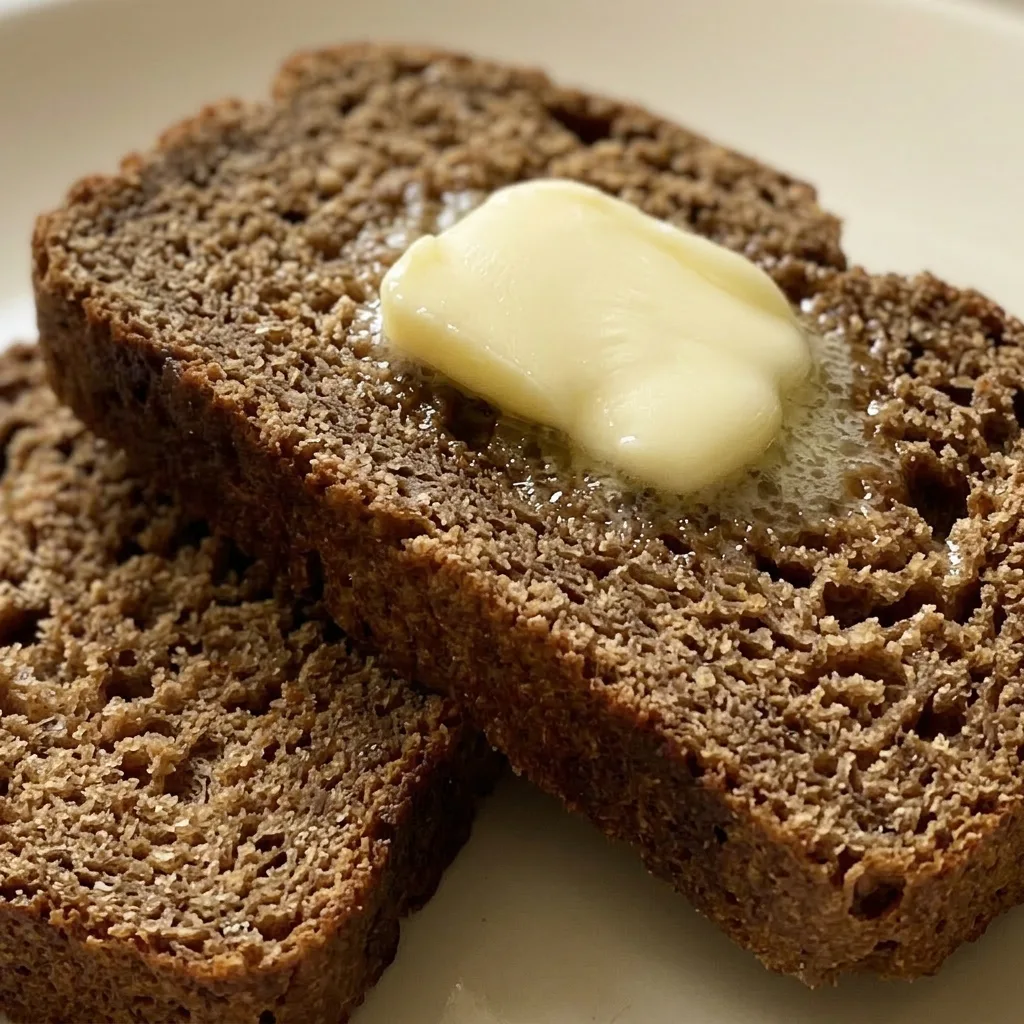 Close view of a slice of dense brown bread with a tender crumb, spread with butter.