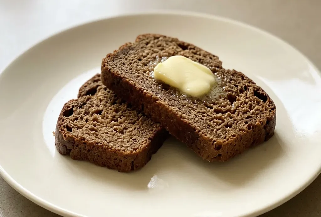 Overhead shot of a dark brown round loaf with a cracked top, sliced into wedges on a dark surface.