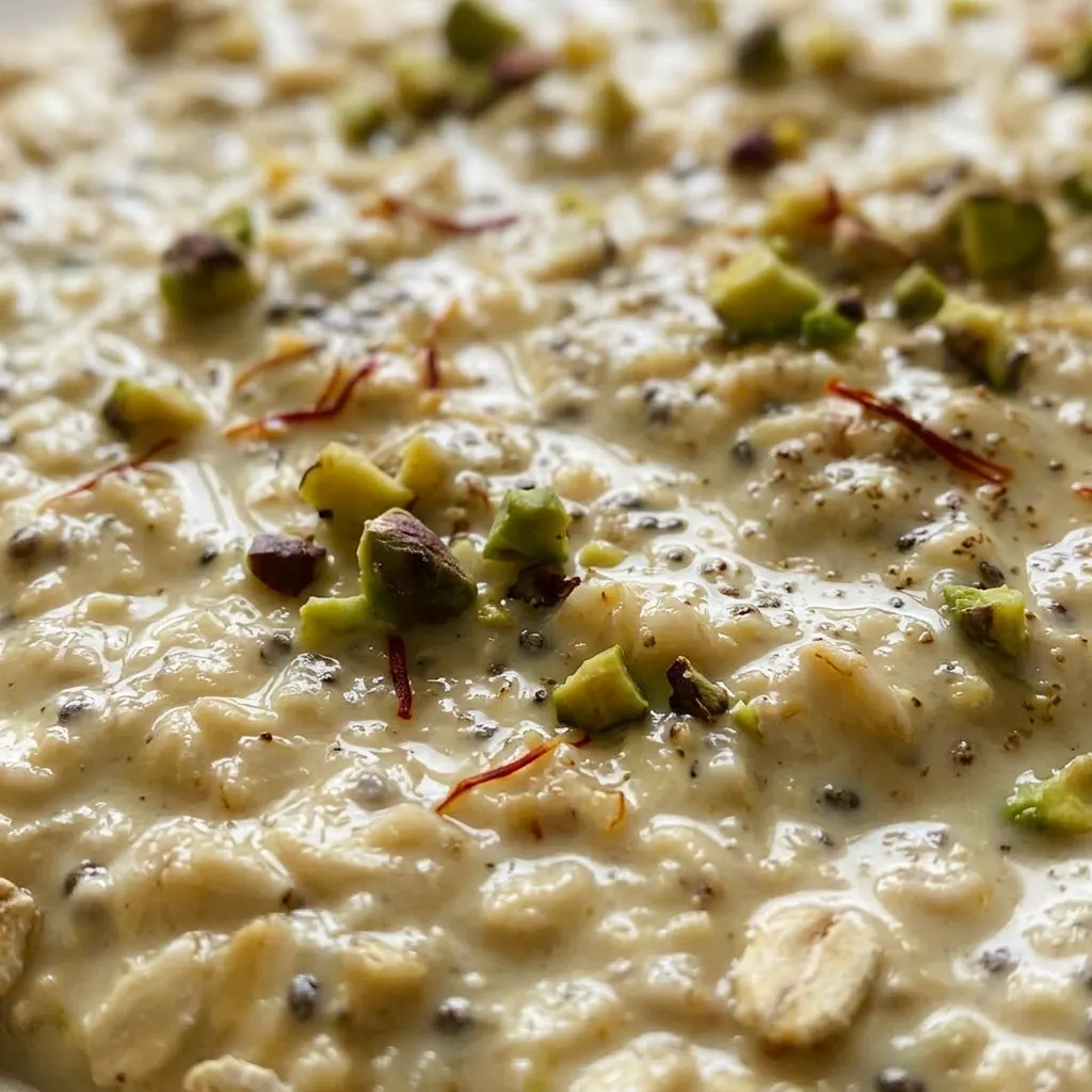 Up close, a spoonful of oats reveals chia seeds and cardamom flecks, topped with saffron threads and pistachio pieces.