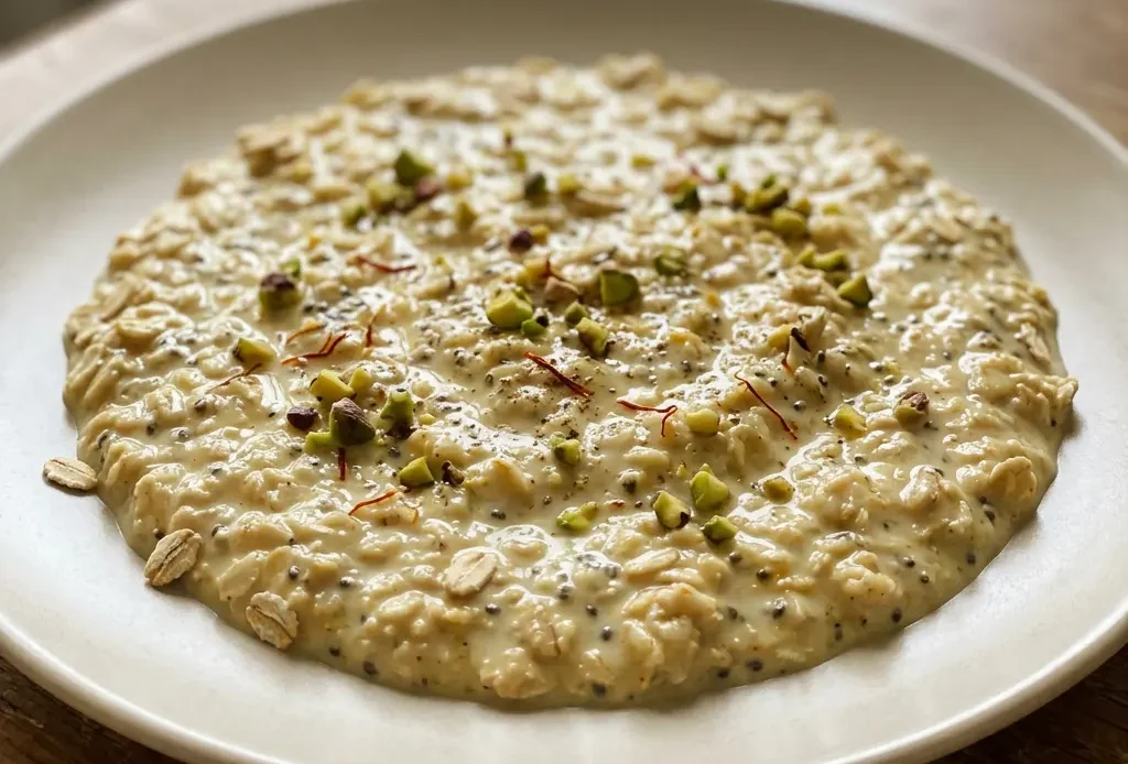 Looking down at a bowl of creamy oats topped with saffron, chopped pistachios, and chia seeds.