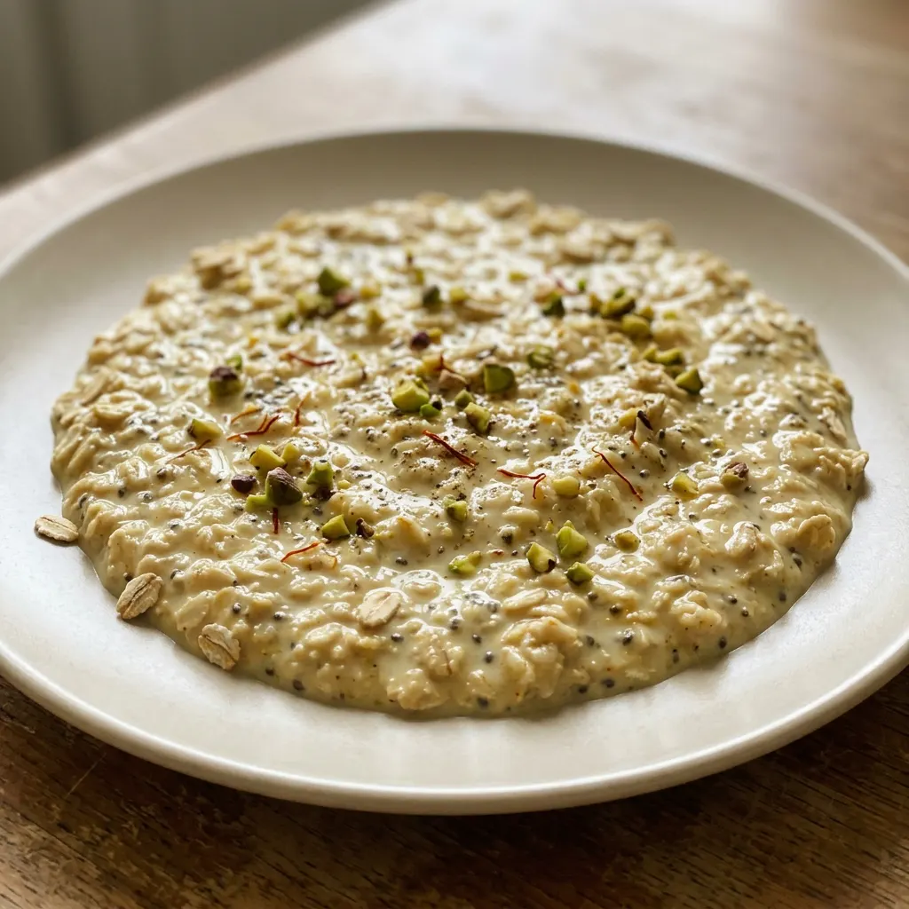Looking down at a bowl of creamy oats topped with saffron, chopped pistachios, and chia seeds.