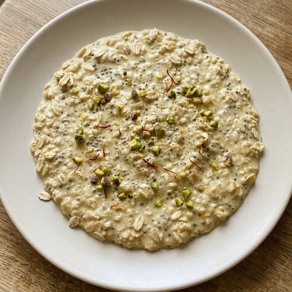 A plate of overnight oats garnished with saffron and pistachios, with chia seeds visible on the surface.