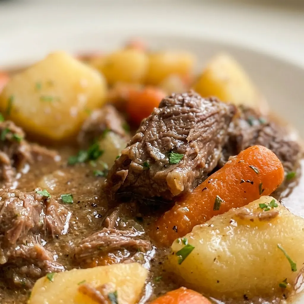 Zoomed in on a forkful of tender beef and a potato chunk from a stew with visible carrot slices.