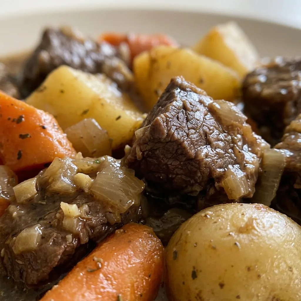 Close view of beef stew highlighting tender beef, orange carrots, and golden potatoes in savory broth.