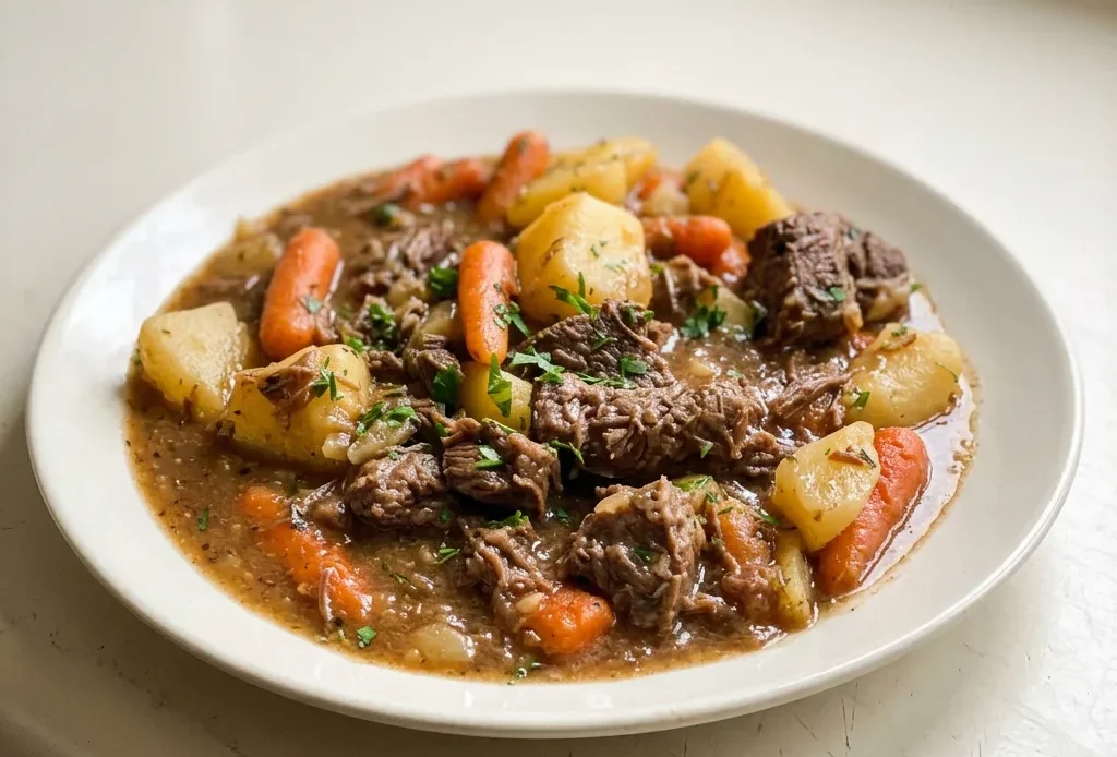 Bird's-eye view of a bowl of beef stew with chunks of beef, potatoes, and carrots in a dark broth.