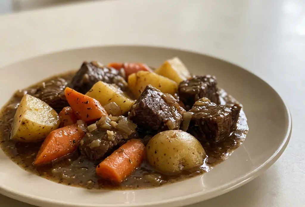 Overhead shot of beef stew with large chunks of beef, carrots, and potatoes in thick brown broth.