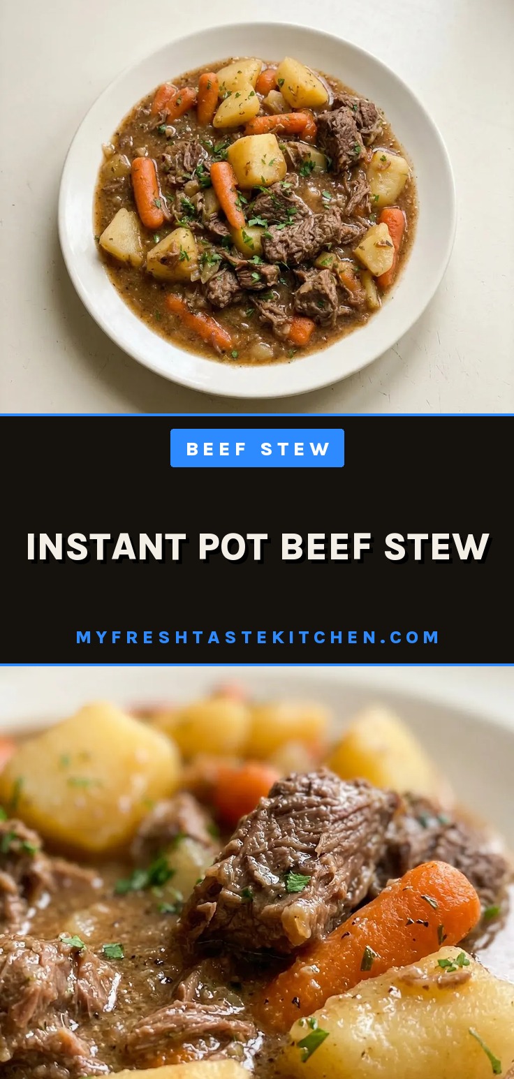 Instant Pot Beef Stew with chuck roast, carrots, potatoes, and red wine gravy in a bowl.