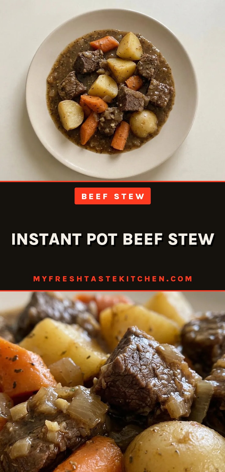 Instant pot beef stew in a bowl, showing chunks of beef chuck roast, orange carrots, and yellow potatoes in a dark brown broth.