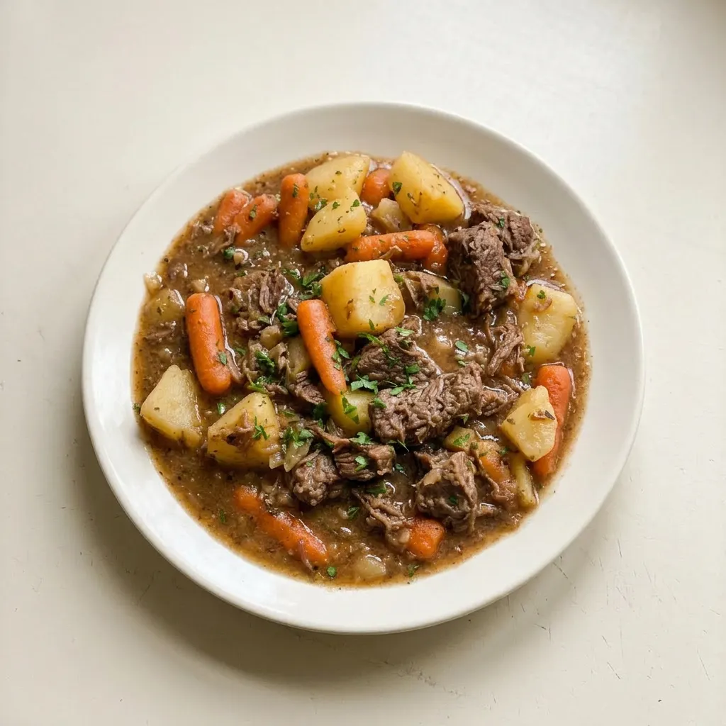 Ready to serve: a bowl of beef stew with beef, potatoes, and carrots in red wine broth, garnished with parsley.