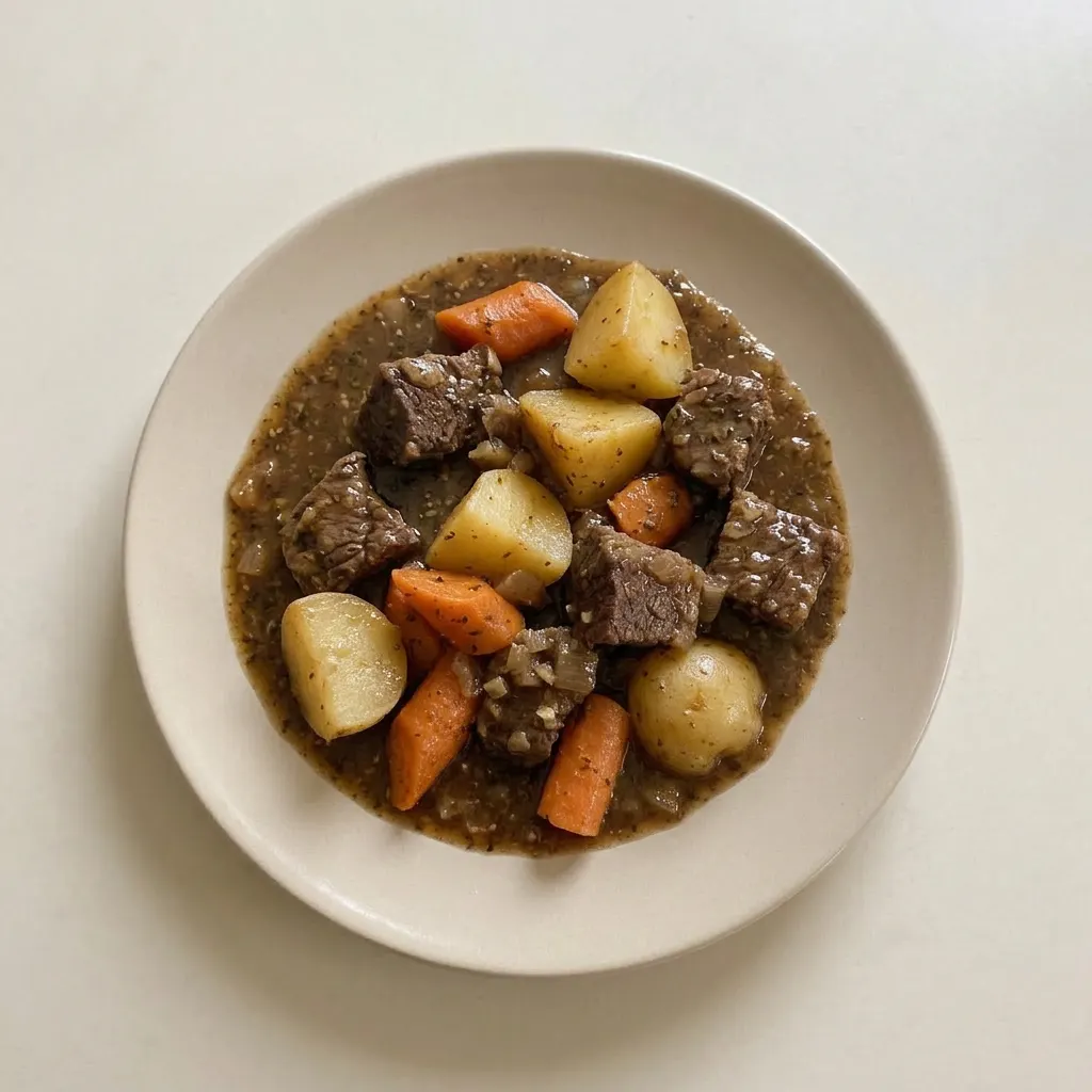 Plated beef stew with beef, carrots, and potatoes in rich brown gravy, garnished with parsley.
