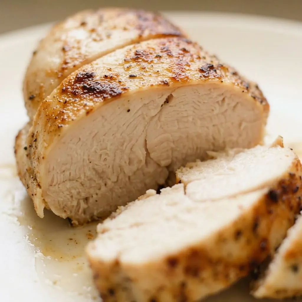 Zoomed in on a slice of chicken breast showing tender white meat with visible black pepper and herb flecks.