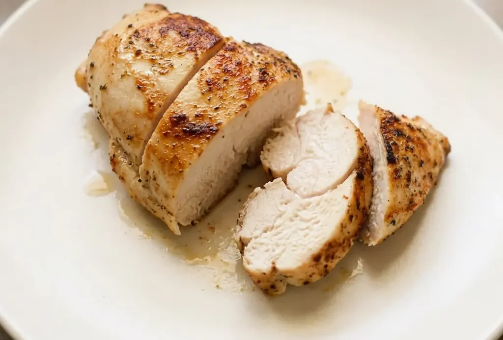 Bird's-eye view of two seasoned boneless skinless chicken breasts with paprika and Italian herbs on a white plate.