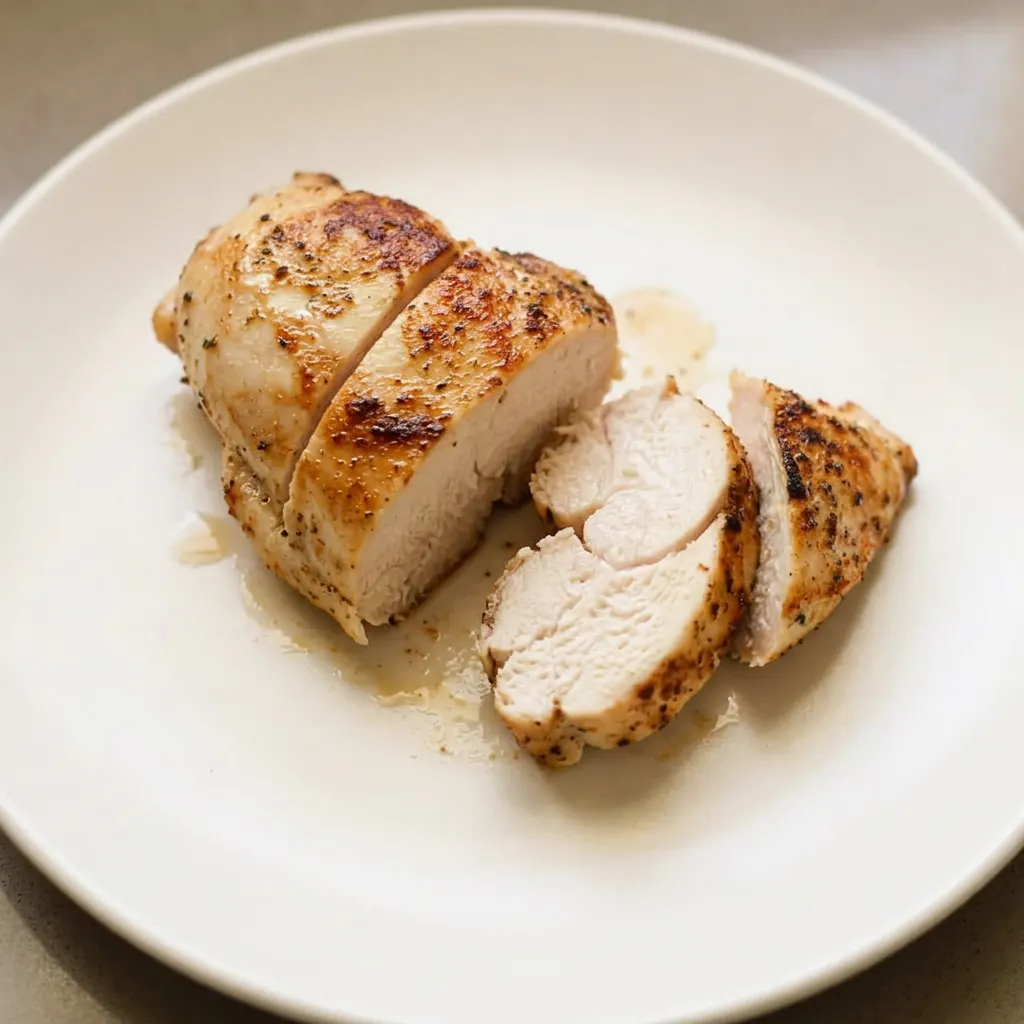 Bird's-eye view of two seasoned boneless skinless chicken breasts with paprika and Italian herbs on a white plate.