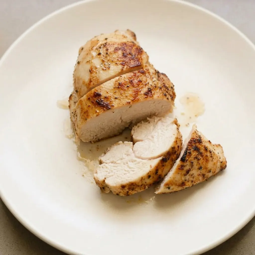 Ready to serve: one whole chicken breast and one sliced, garnished with a light sprinkle of paprika and herbs.