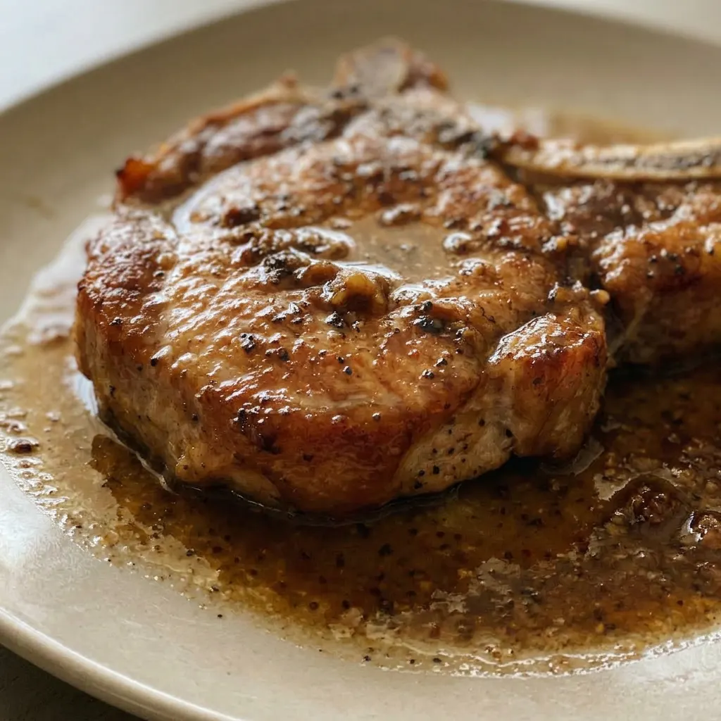 Up close, a pork chop shows a caramelized brown sugar crust, salt crystals, and a glossy sheen from chicken broth and Liquid Smoke.