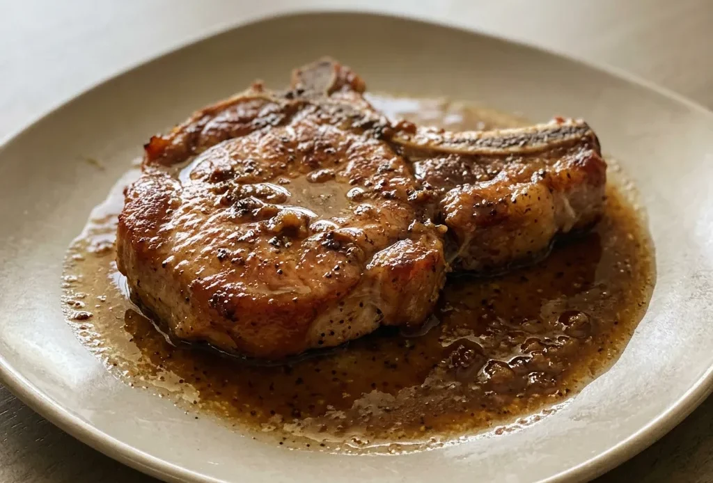 Looking down at two bone-in pork chops on a dark surface, each with a dark sear and a sprinkle of black pepper.