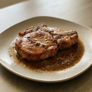 Looking down at two bone-in pork chops on a dark surface, each with a dark sear and a sprinkle of black pepper.