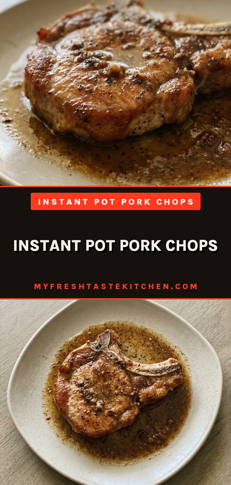 Looking down at two bone-in pork chops on a dark surface, each with a dark sear and a sprinkle of black pepper.