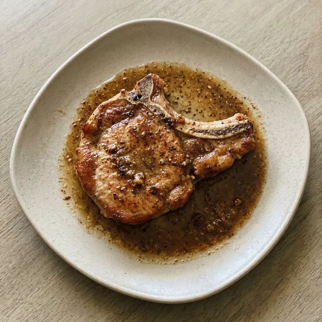 A plate of three bone-in pork chops, seasoned with salt and pepper, with a hint of brown sugar glaze and a smoky aroma.