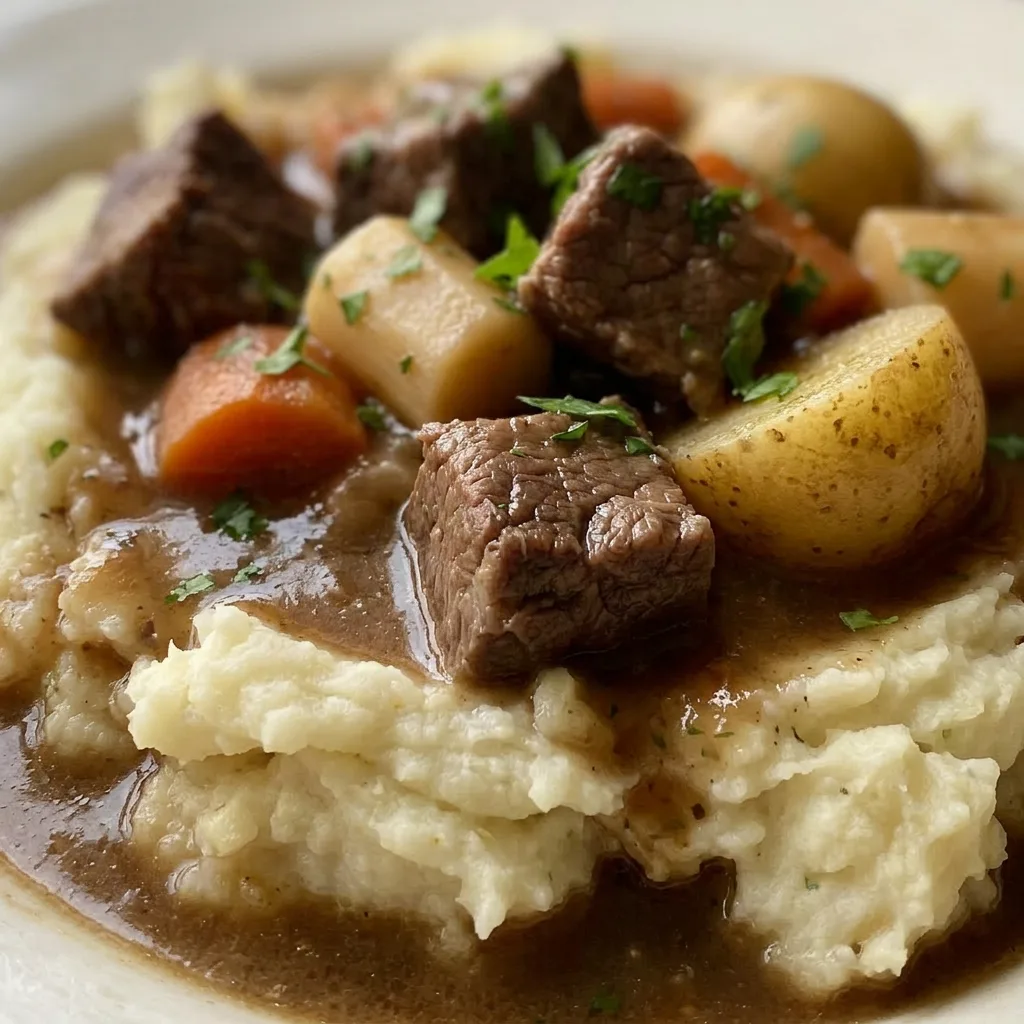 Zoomed in on a forkful of tender beef stew meat and a chunk of carrot, with a dollop of garlic mashed potatoes nearby.