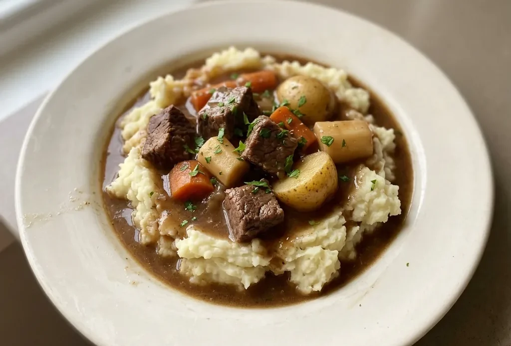 Bird's-eye view of a bowl of Irish ale beef stew topped with garlic mashed potatoes, with carrots and parsnips visible.