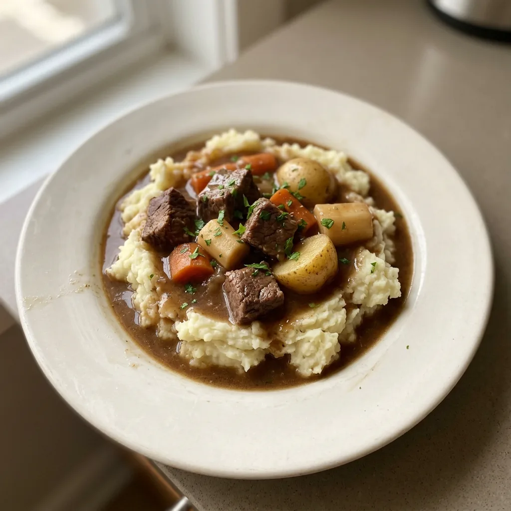 Bird's-eye view of a bowl of Irish ale beef stew topped with garlic mashed potatoes, with carrots and parsnips visible.