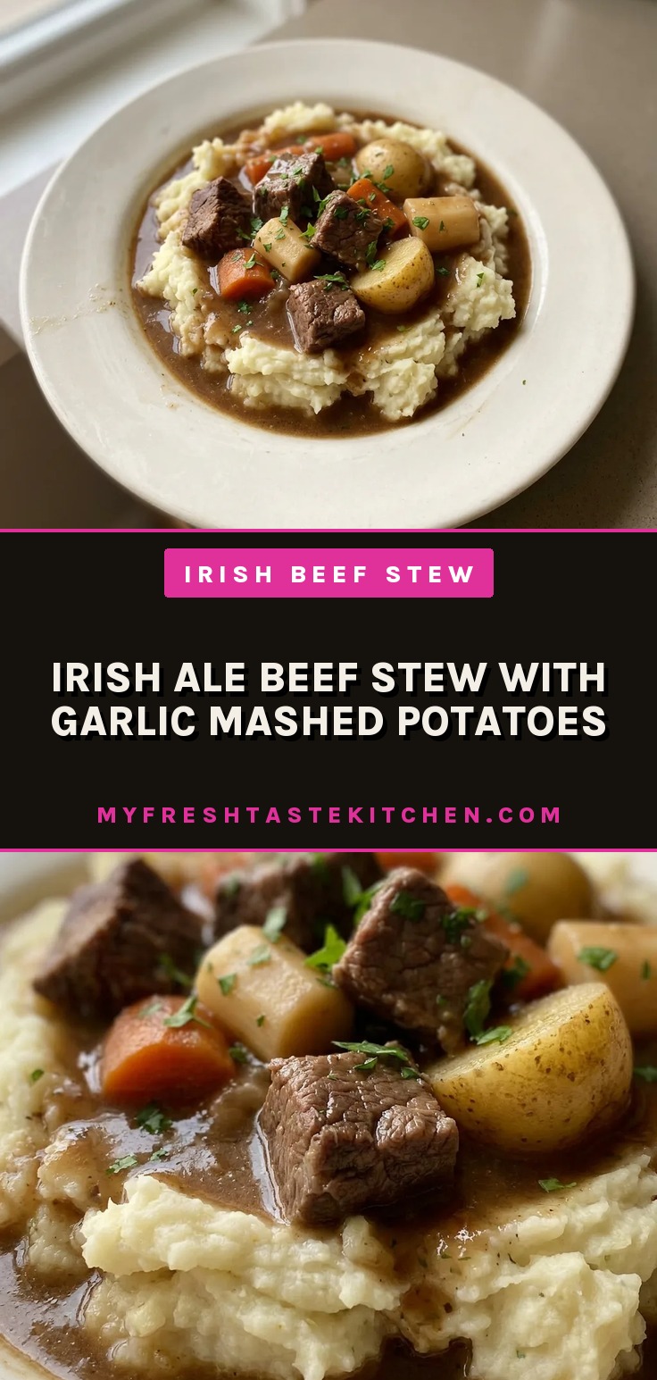 Irish ale beef stew with garlic mashed potatoes, showing tender beef stew meat, carrots, parsnips, and creamy potatoes.