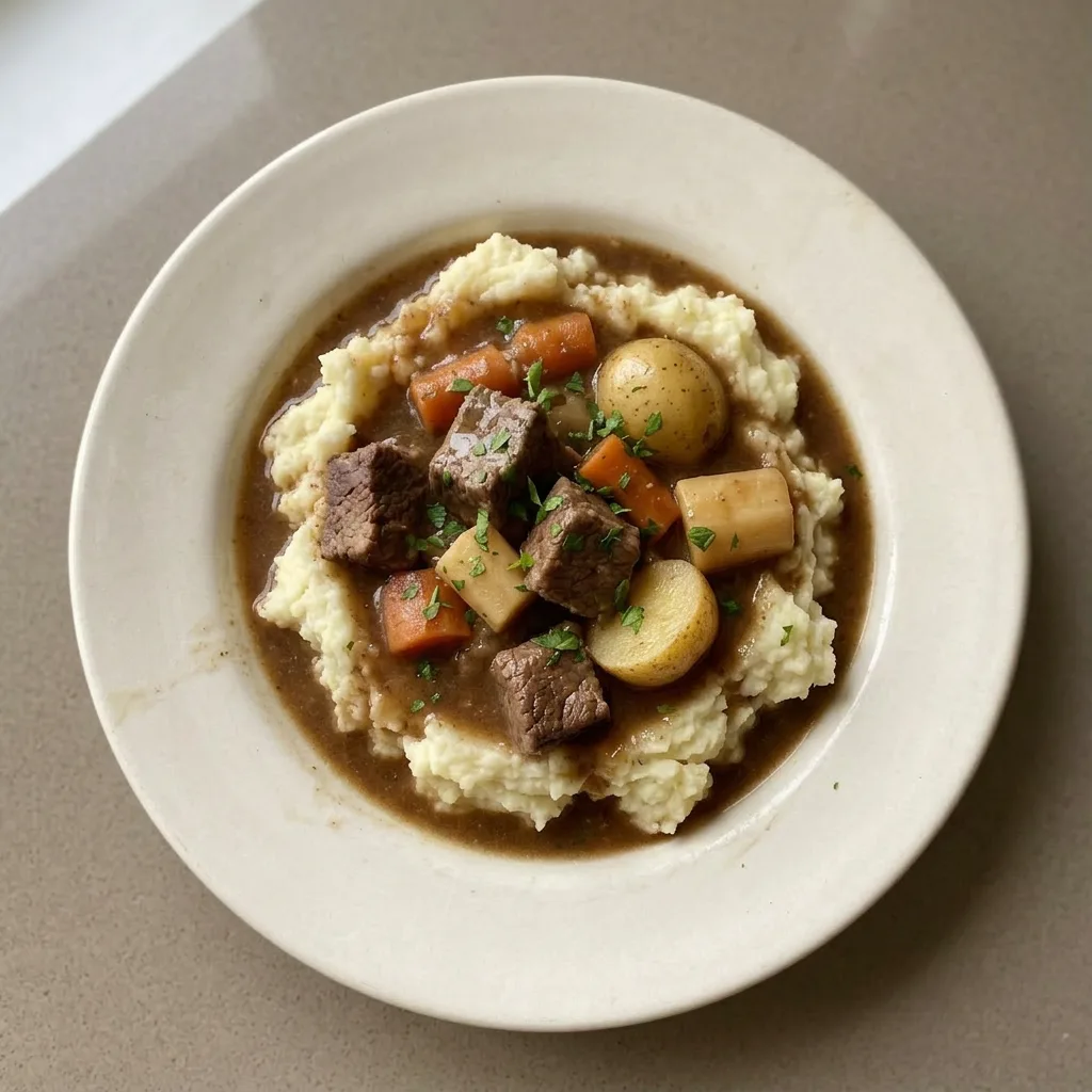 Ready to serve: a generous portion of beef stew with chunks of carrot and parsnip, crowned with a swirl of garlic mashed potatoes.