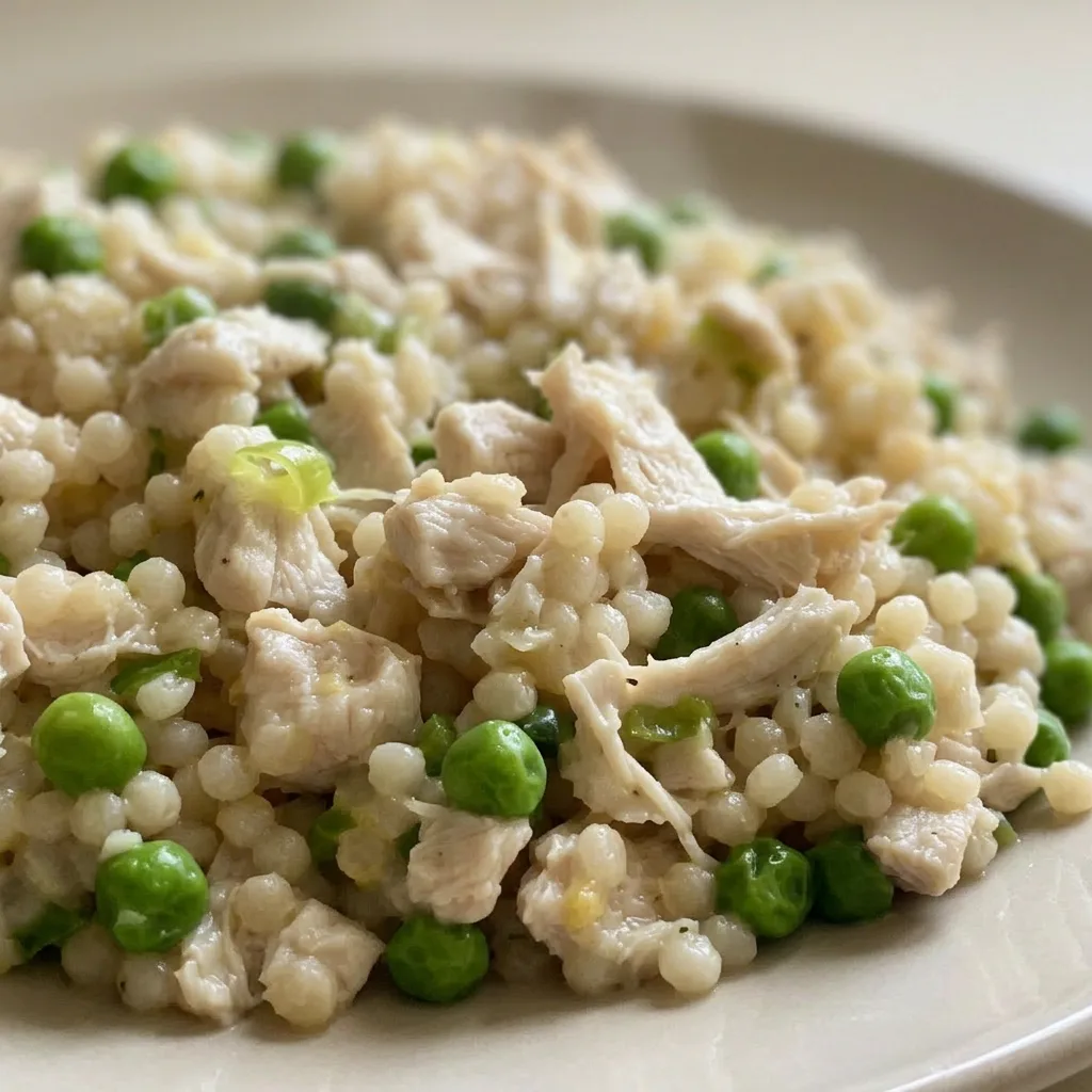 Zoomed in on a spoonful of Israeli couscous, chicken pieces, peas, and Parmesan cheese, with scallion and lemon garnish.