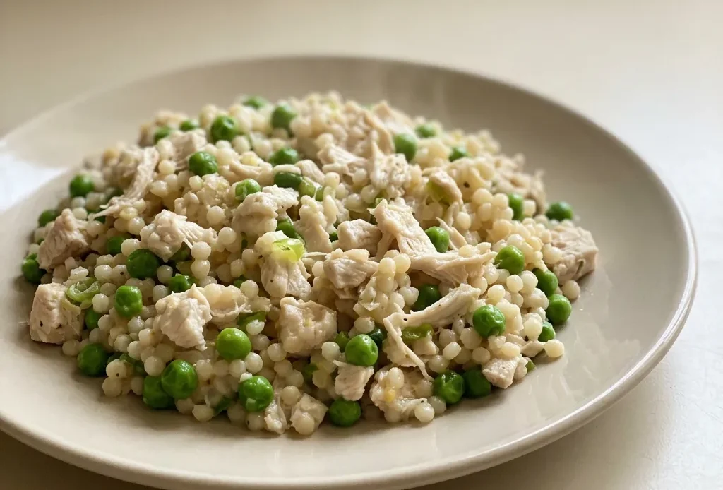 Bird's-eye view of Israeli couscous with chicken and peas, topped with lemon wedges, Parmesan shavings, and scallion slices.