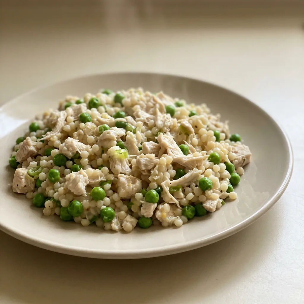 Bird's-eye view of Israeli couscous with chicken and peas, topped with lemon wedges, Parmesan shavings, and scallion slices.