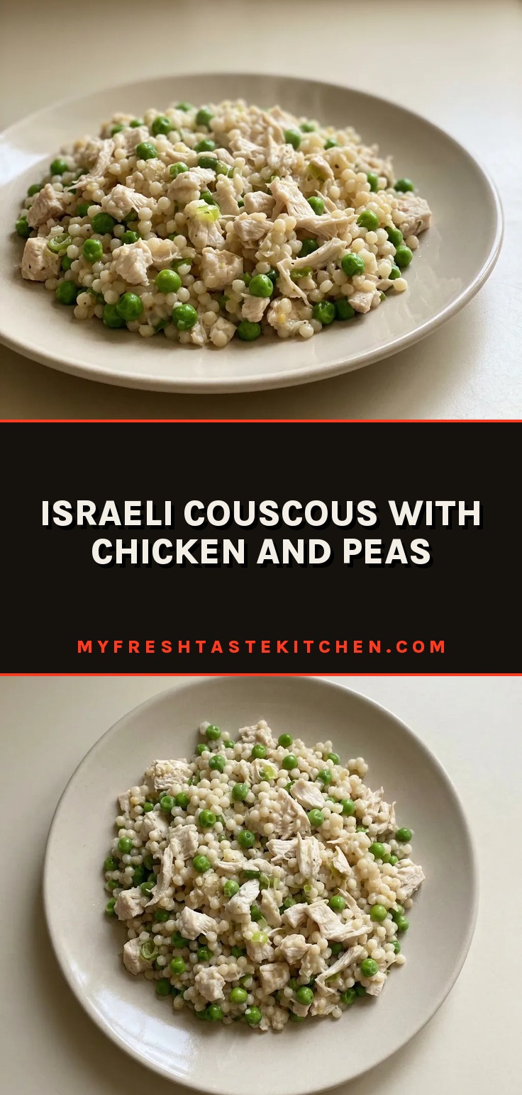 Bird's-eye view of Israeli couscous with chicken and peas, topped with lemon wedges, Parmesan shavings, and scallion slices.