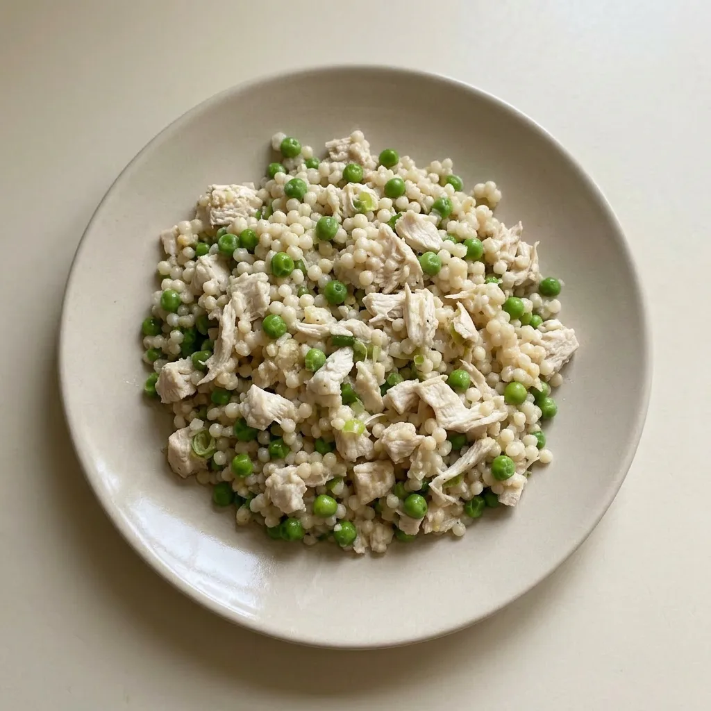 Ready to serve: Israeli couscous with chicken and peas, garnished with lemon, Parmesan, and scallions.