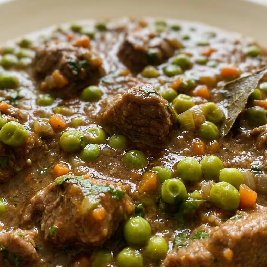 Zoomed in on tender beef chunks and peas in rich tomato and red wine gravy.