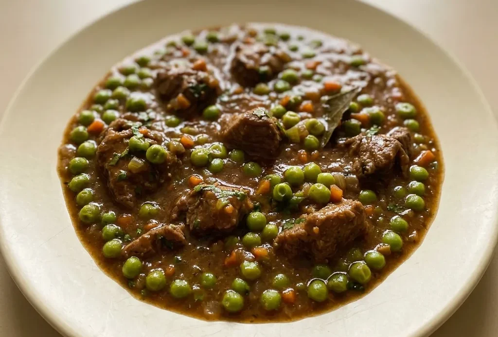 Bird's-eye view of beef stew with peas, carrots, and celery in thick red wine sauce.