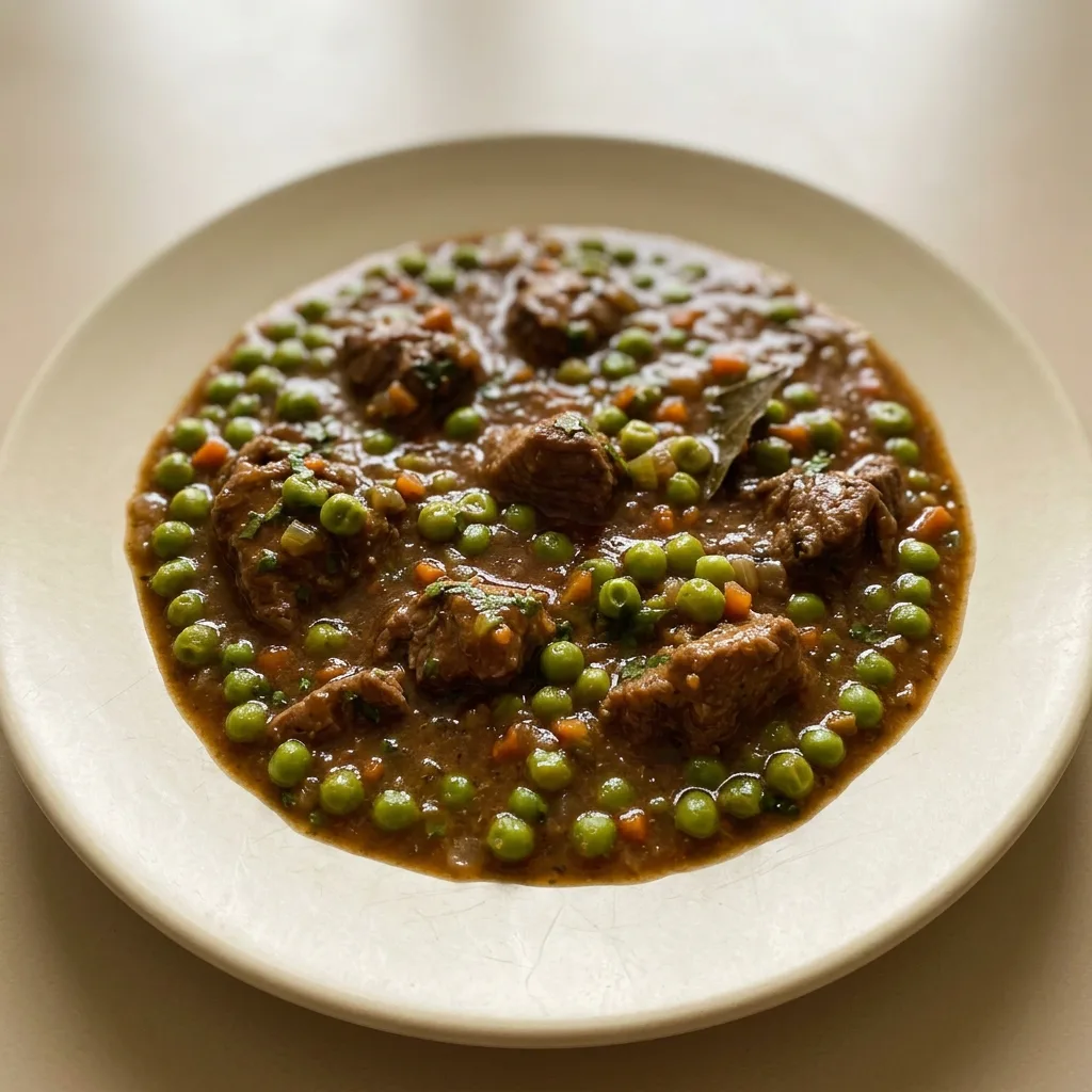 Bird's-eye view of beef stew with peas, carrots, and celery in thick red wine sauce.
