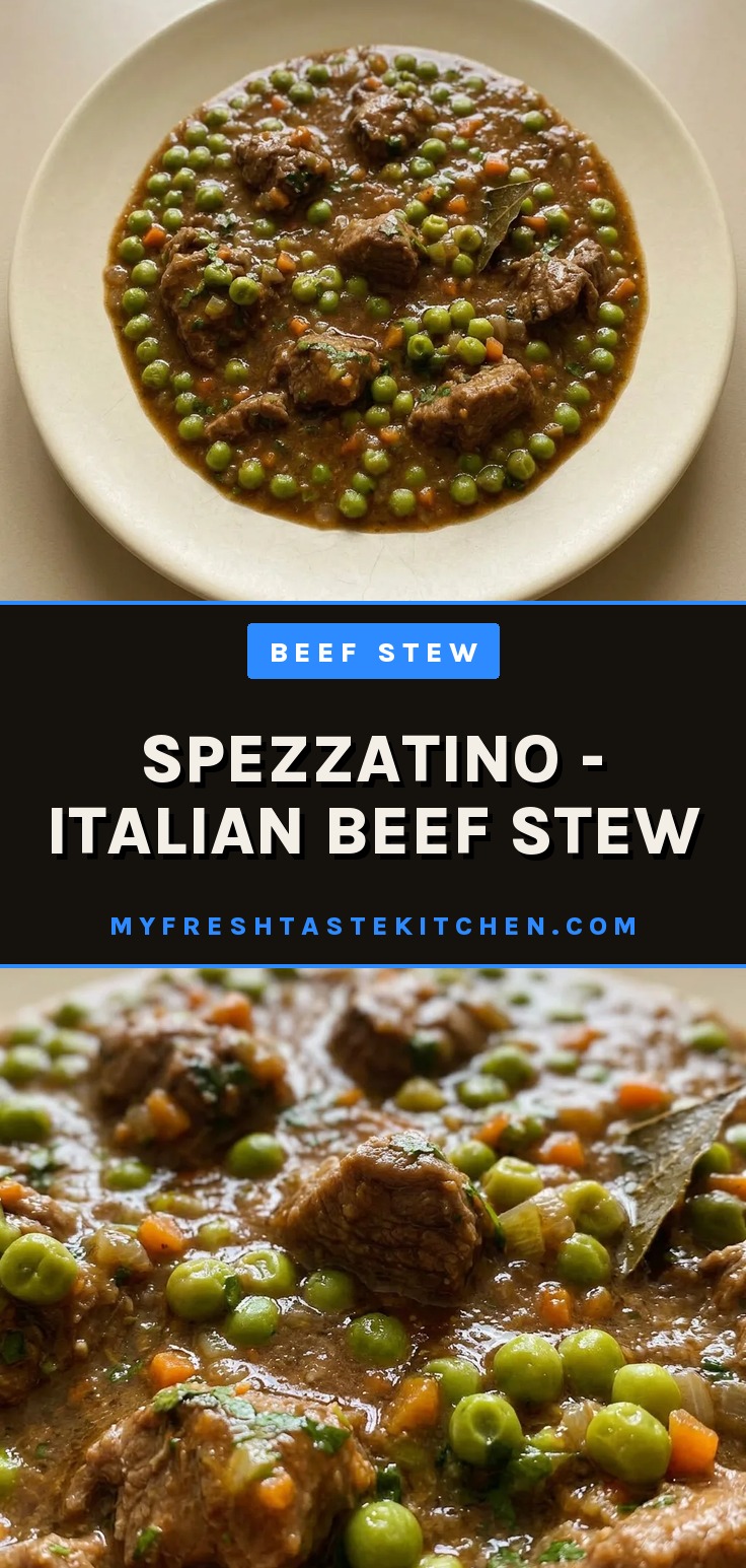 Spezzatino Italian beef stew with peas and carrots in a rich red wine broth