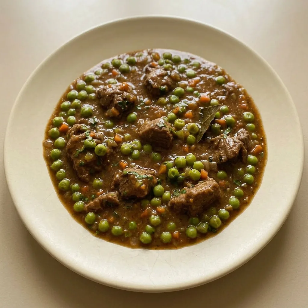 Ready to serve: beef stew with visible carrot, celery, and peas in herb-infused sauce.