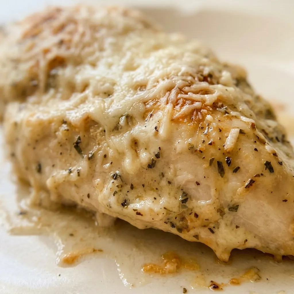 Up close, a chicken breast with visible garlic powder, dried herbs, and creamy mayonnaise-Parmesan topping.