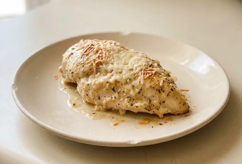 Looking down at chicken breasts coated in golden Italian dressing and herbs, with melted Parmesan cheese on top.