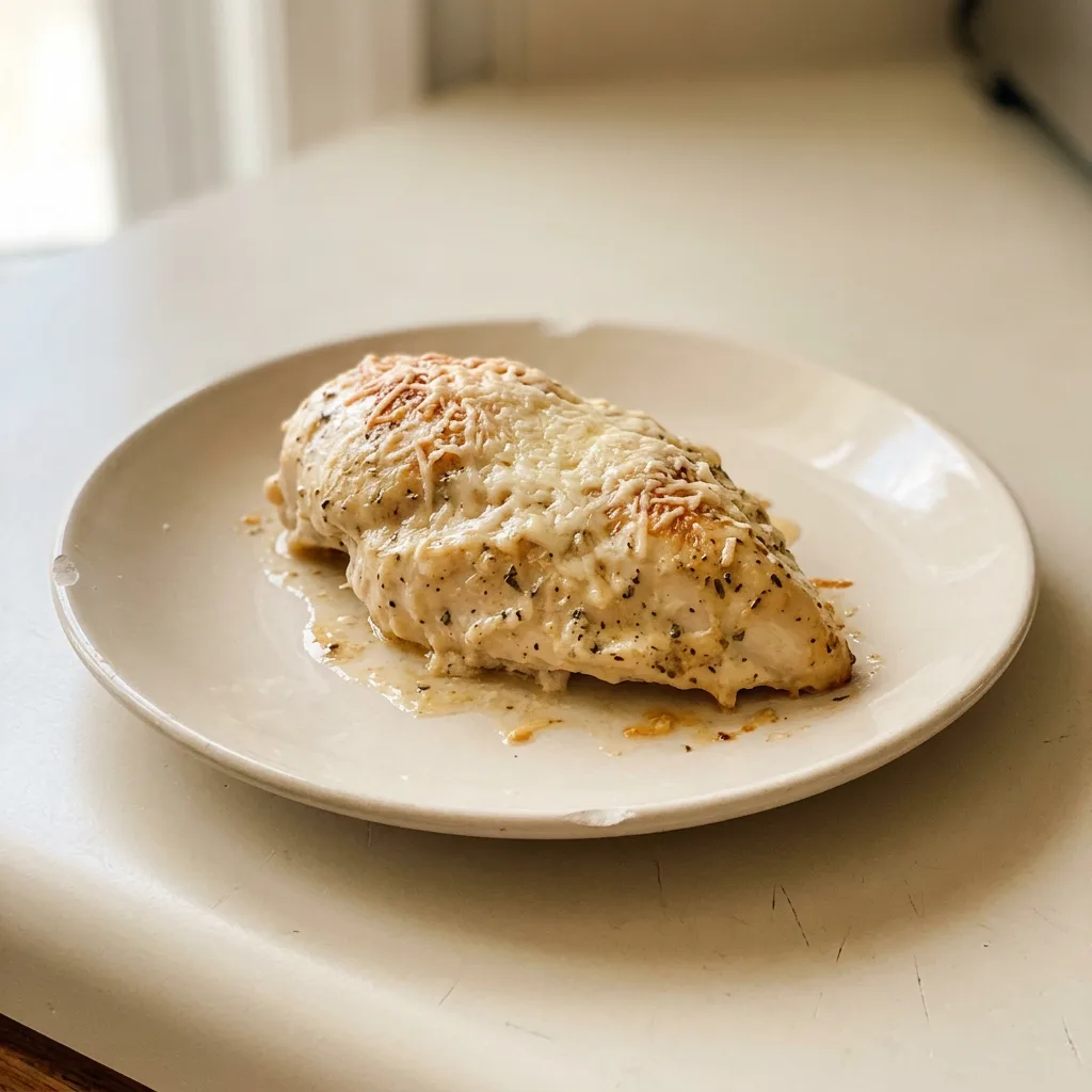 Looking down at chicken breasts coated in golden Italian dressing and herbs, with melted Parmesan cheese on top.