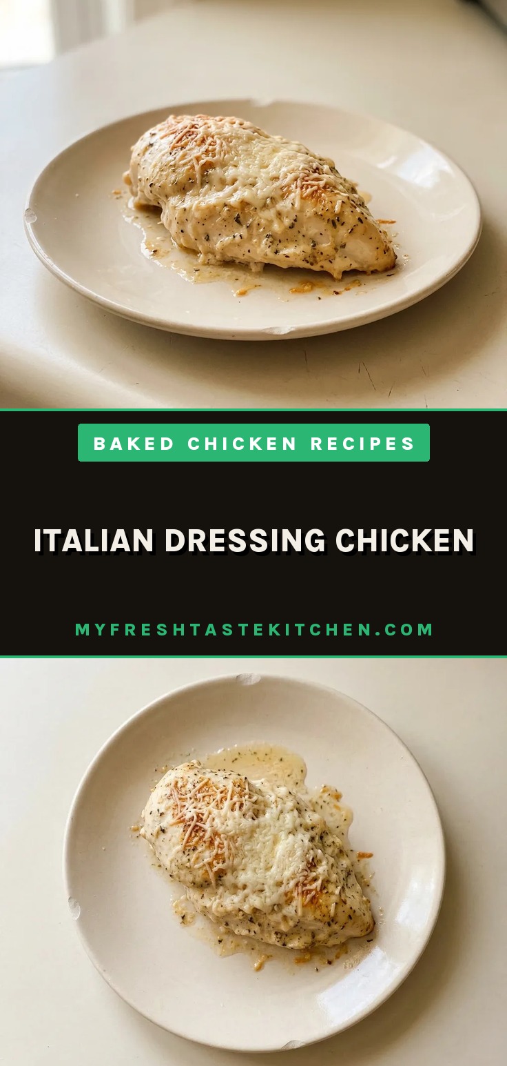 Looking down at chicken breasts coated in golden Italian dressing and herbs, with melted Parmesan cheese on top.