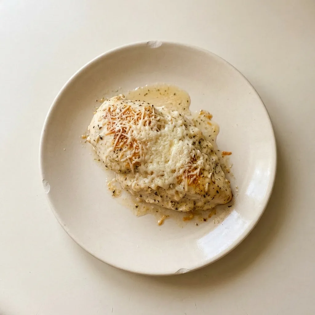 A plate of chicken breasts glazed with Italian dressing and mayonnaise, sprinkled with dried herbs and Parmesan.