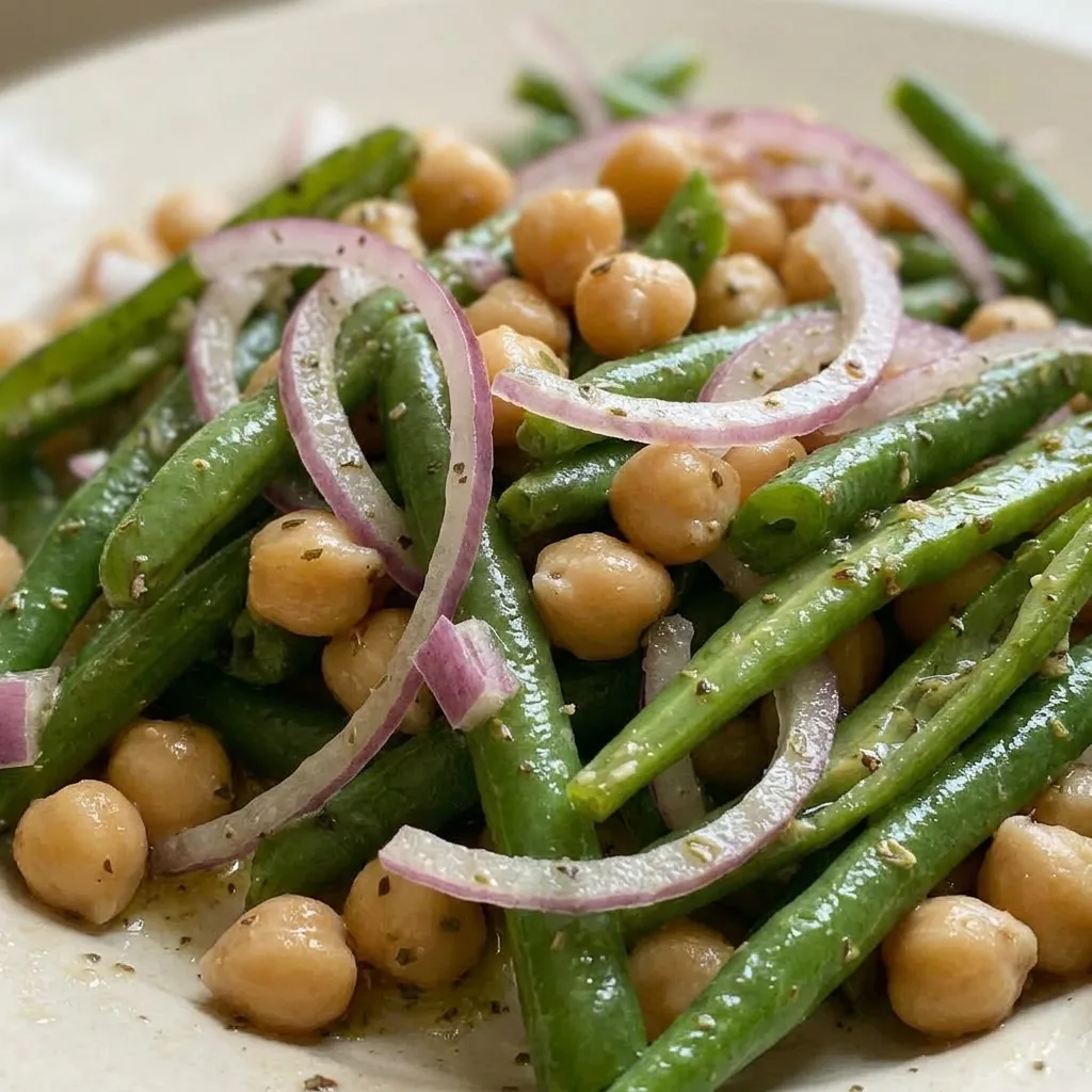 Up close, green beans and chickpeas glisten with olive oil, topped with red onion, parsley, and oregano.