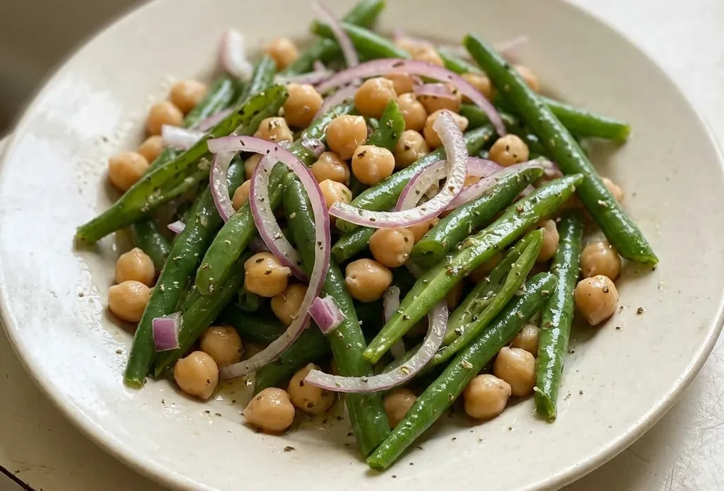 Looking down at a bed of green beans and chickpeas, scattered with red onion rings and parsley, drizzled with olive oil.