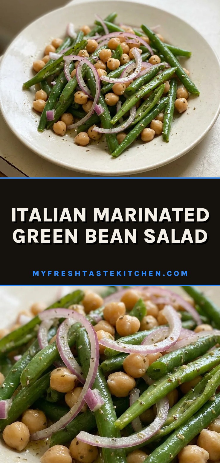 Italian marinated green bean salad with chickpeas and red onion in a bowl.