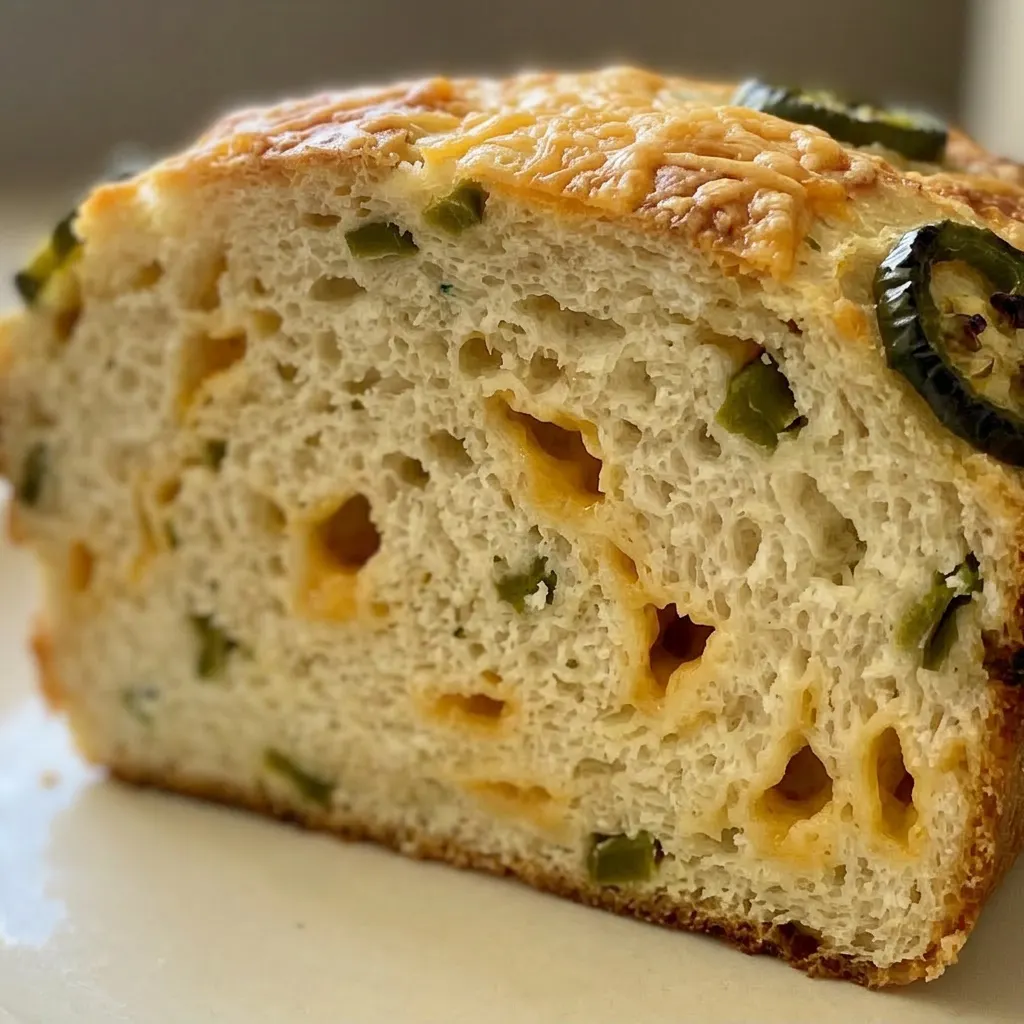 Close view of a bread slice showing a crumb studded with cheddar chunks and green jalapeno pieces.