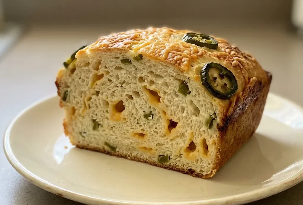 Overhead shot of a round loaf with a golden crust, topped with melted cheddar and sliced jalapenos.