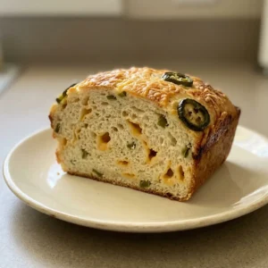 Overhead shot of a round loaf with a golden crust, topped with melted cheddar and sliced jalapenos.