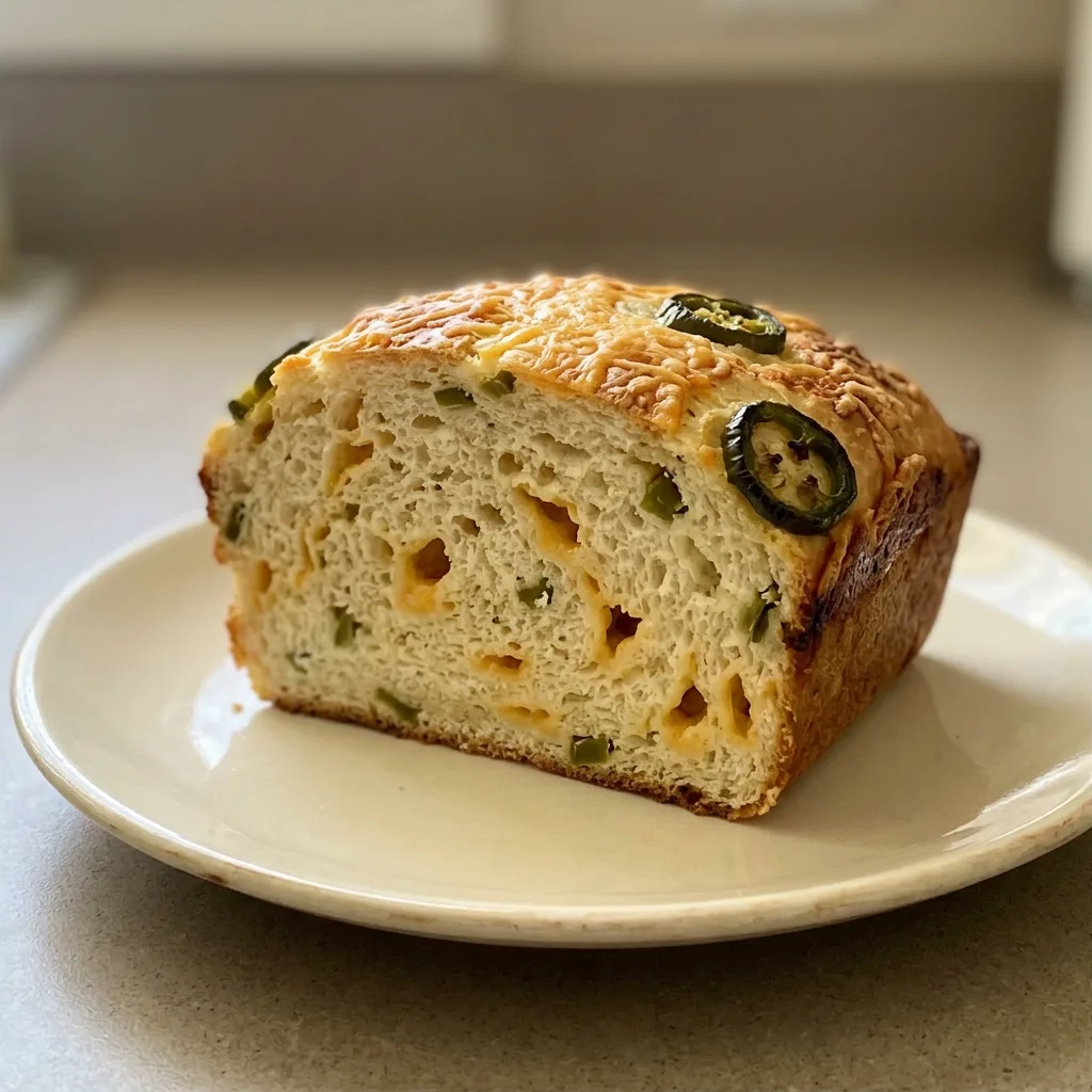 Overhead shot of a round loaf with a golden crust, topped with melted cheddar and sliced jalapenos.